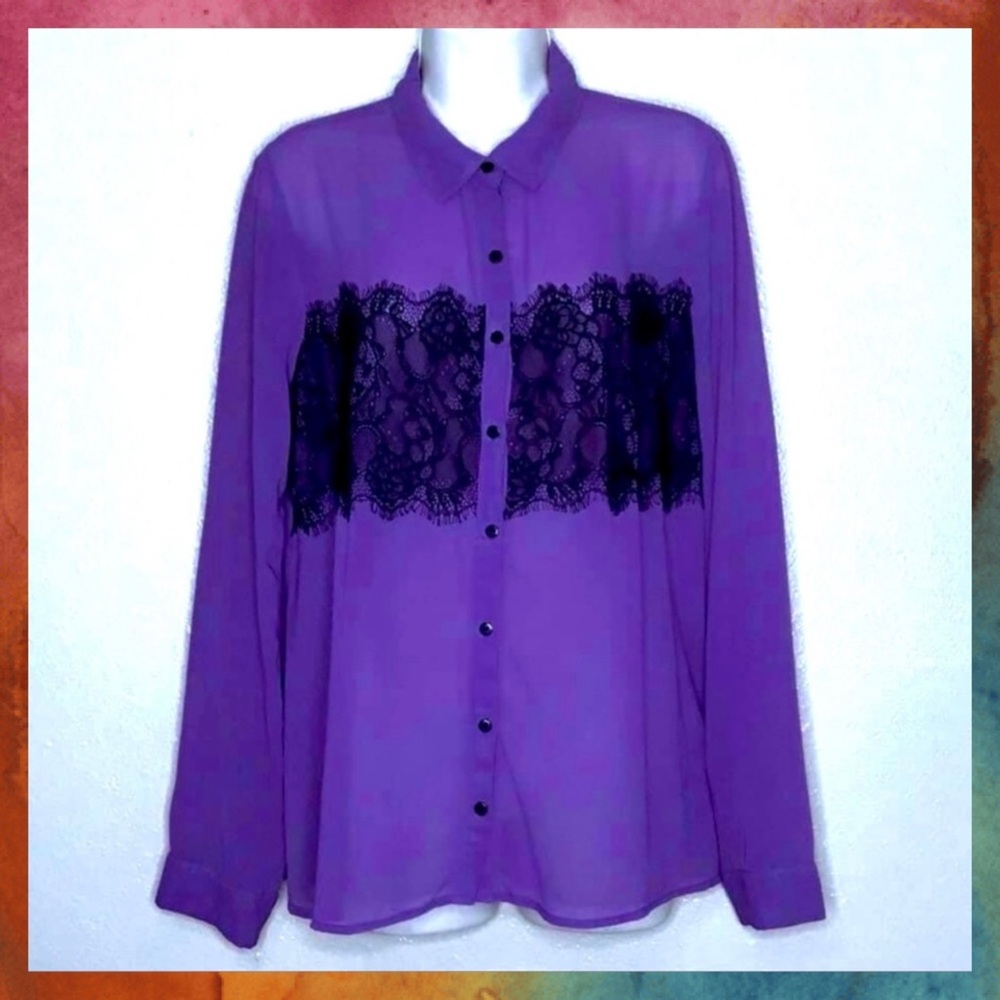Charming Charlie Purple Sheer Y2K Blouse Black Lace Panel Button Up Size M
